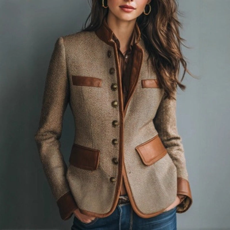 Women's Retro Elegant Jacket with stand collar and color-block details, exuding timeless sophistication.