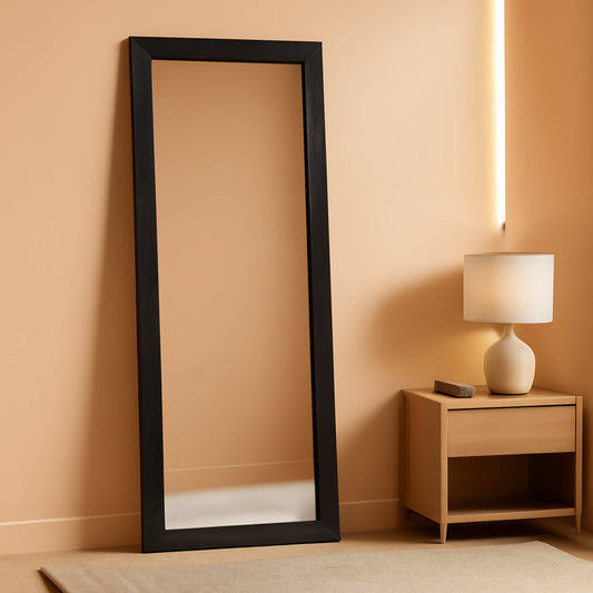 Full Length Mirror 65 By 24 Inch Black Home Decor Accent in a modern room with warm lighting and a wooden nightstand.