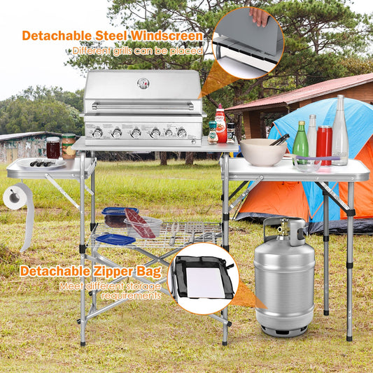 Foldable Outdoor BBQ Portable Grilling Table With Windscreen Bag featuring detachable steel windscreen and zippered storage bag.