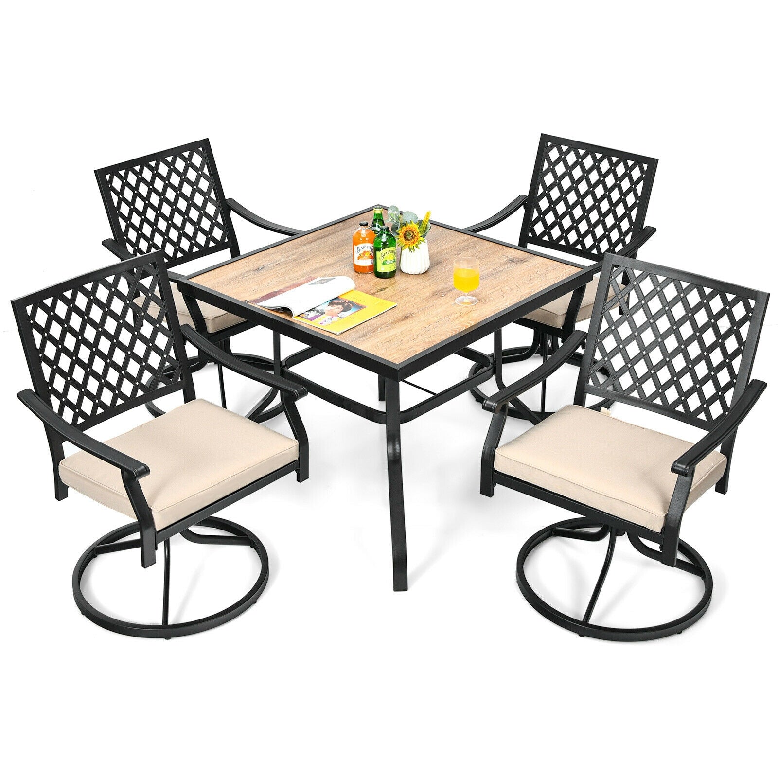 5-Piece Outdoor Patio Dining Set with Soft Cushions featuring 4 swivel chairs and a square table, ideal for garden or poolside use.