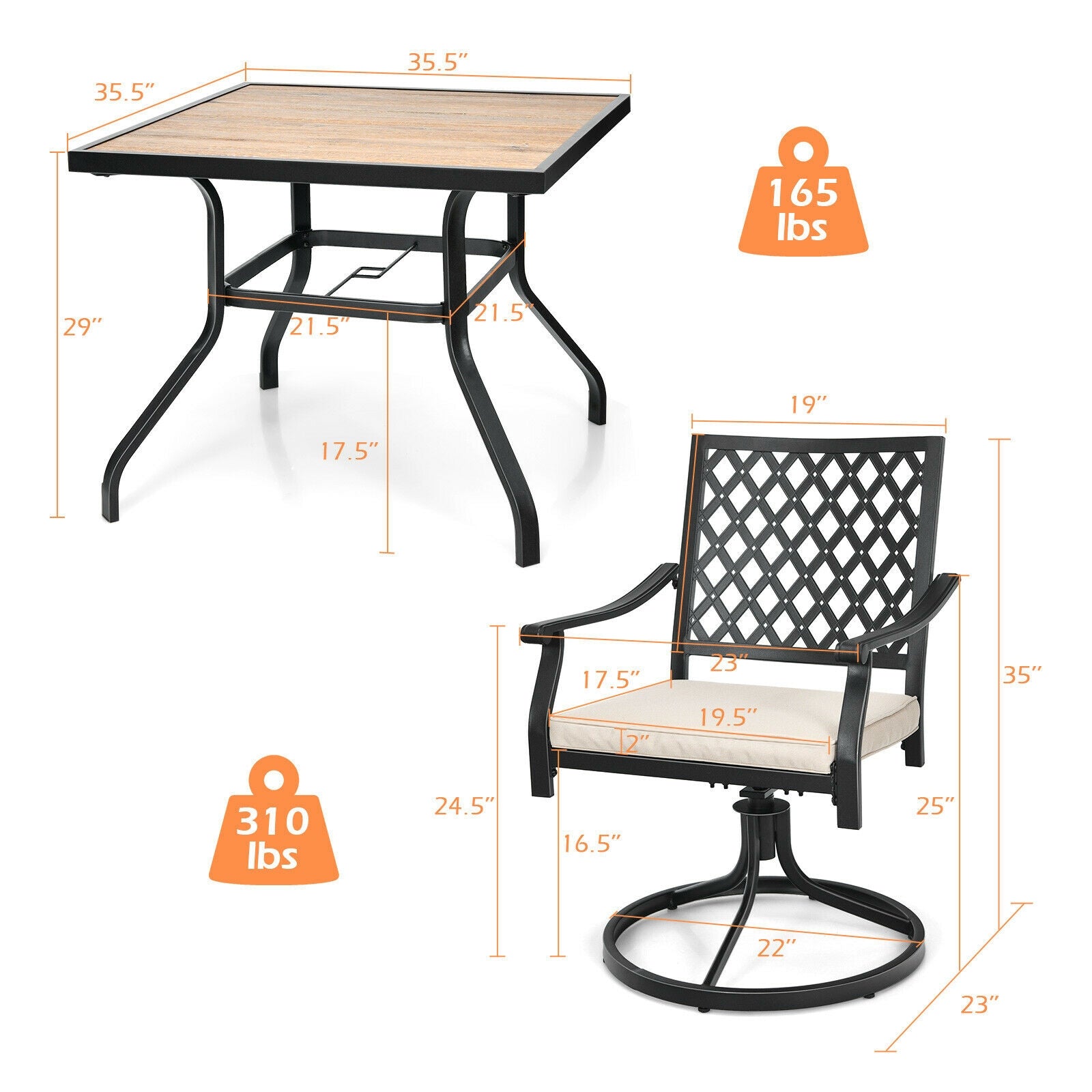 5-Piece Outdoor Patio Dining Set with Soft Cushions featuring swivel chair and square table dimensions