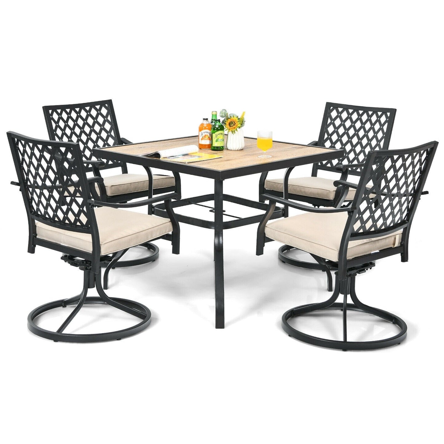 5-Piece Outdoor Patio Dining Set with Soft Cushions featuring 4 swivel chairs and square table, perfect for gardens and decks.