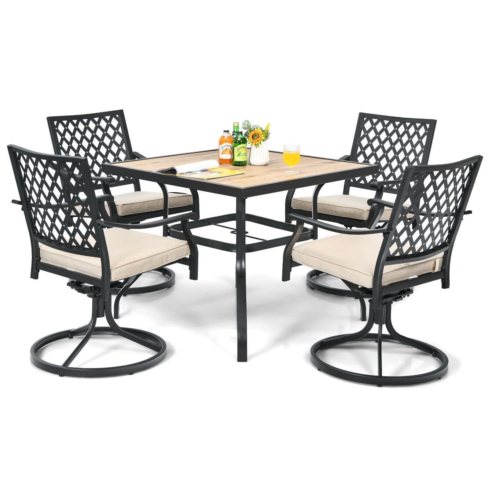 5-Piece Outdoor Patio Dining Set with Soft Cushions featuring 4 swivel chairs and square table, perfect for gardens and decks.