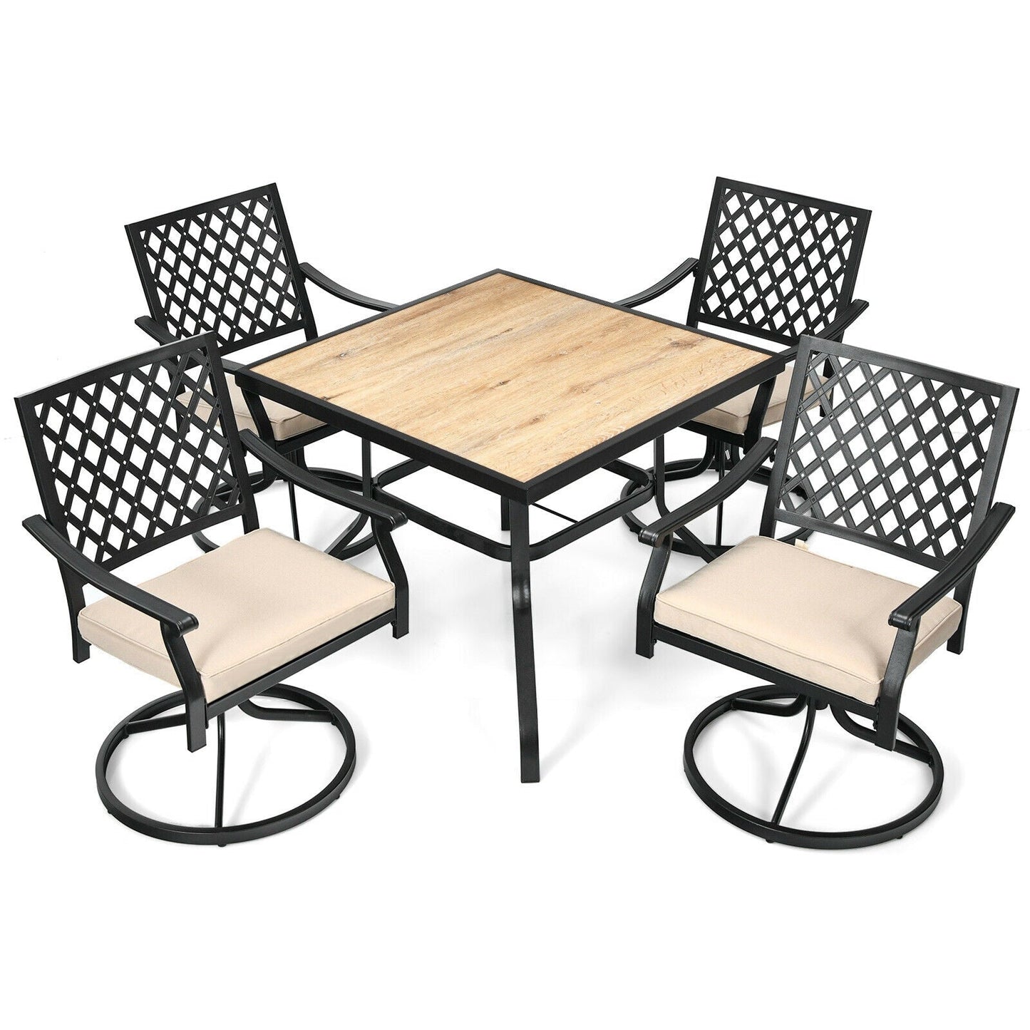 5-Piece Outdoor Patio Dining Set with Soft Cushions featuring a square table and four swivel chairs on a white background.