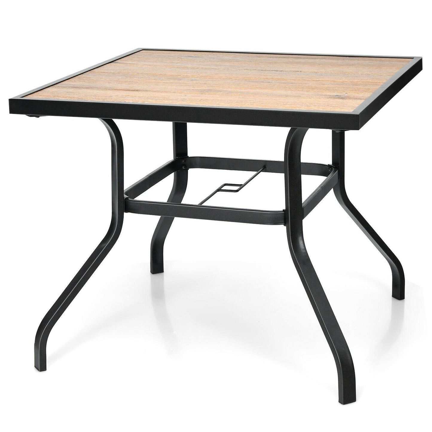 Square table from 5-Piece Outdoor Patio Dining Set with Soft Cushions, featuring a sturdy and easy-to-clean design for outdoor use.