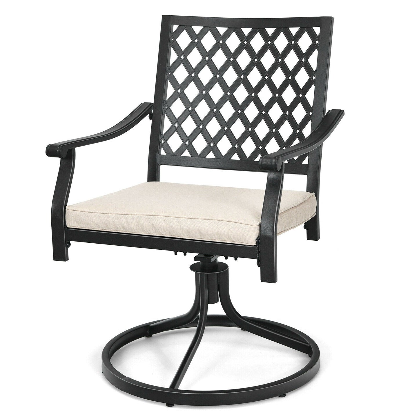Swivel chair from 5-Piece Outdoor Patio Dining Set with Soft Cushions featuring a lattice back design and cream cushion.