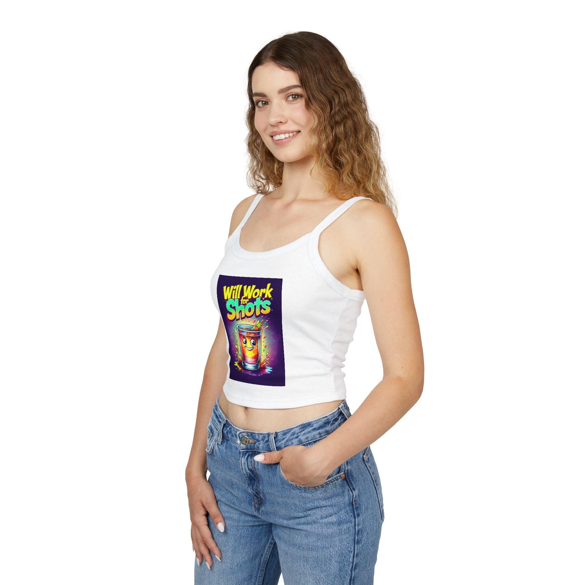 Will Work for Shots Womens Spaghetti Strap Tank Top in white worn by a woman; perfect for bartenders and waitresses; fun and stylish design