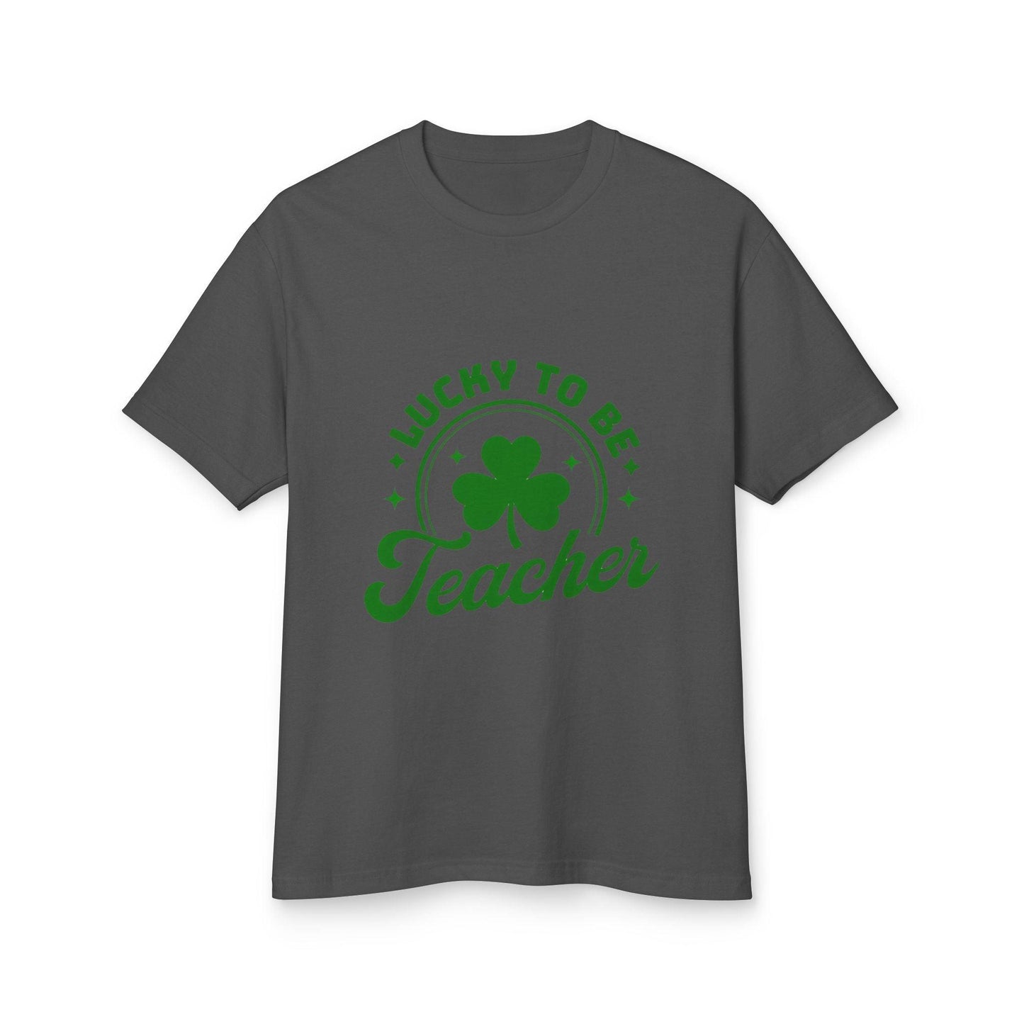 Lucky to Be a Teacher Unisex Tee with inspirational design and shamrock graphic on a gray shirt, perfect gift for educators.