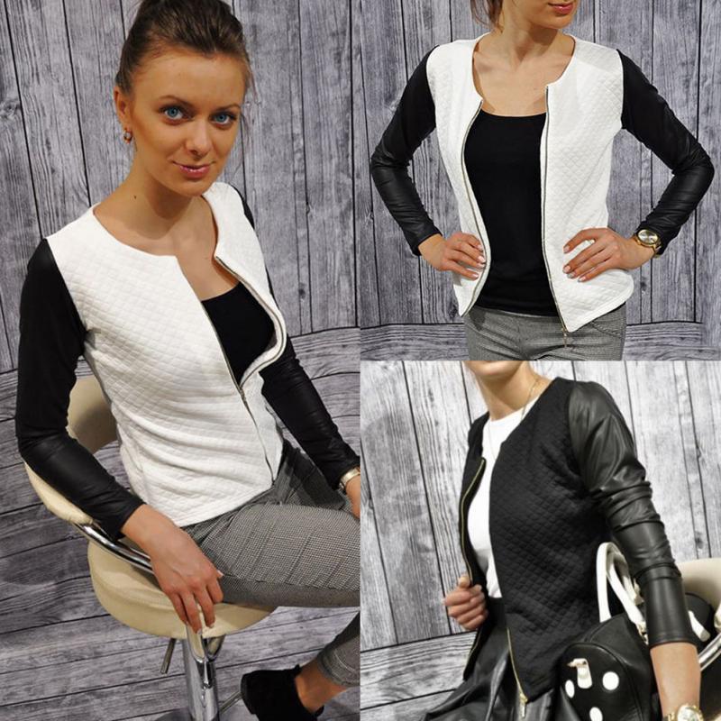 Model wearing a Women’s Plaid Patchwork Blazer with PU leather sleeves, showcasing chic and modern design for spring and autumn fashion.