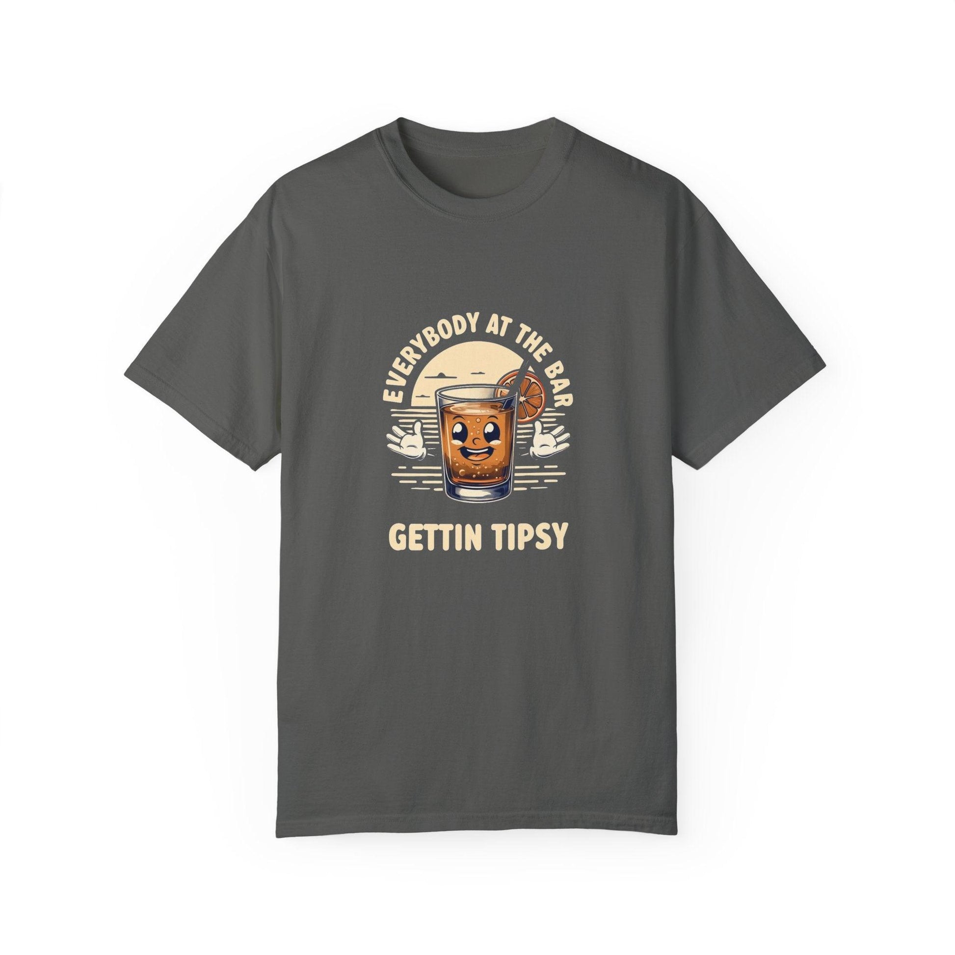 Everybody at the Bar Gettin Tipsy Unisex Garment-Dyed T-Shirt with whiskey glass graphic and playful text on dark fabric.