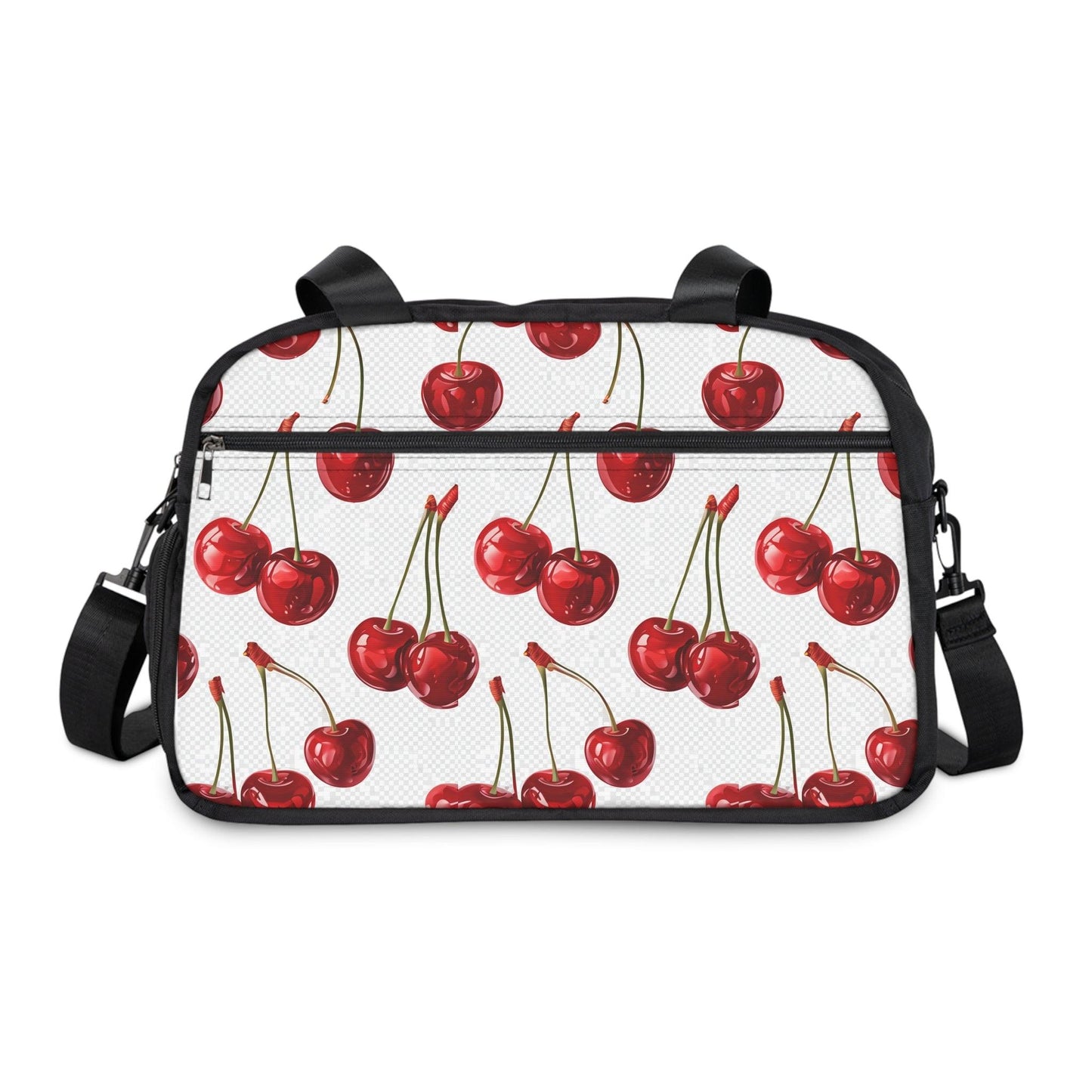 Sweet & Stylish Womens White Cherry Print Fitness Handbag with vibrant cherry design for fashion-forward functionality.