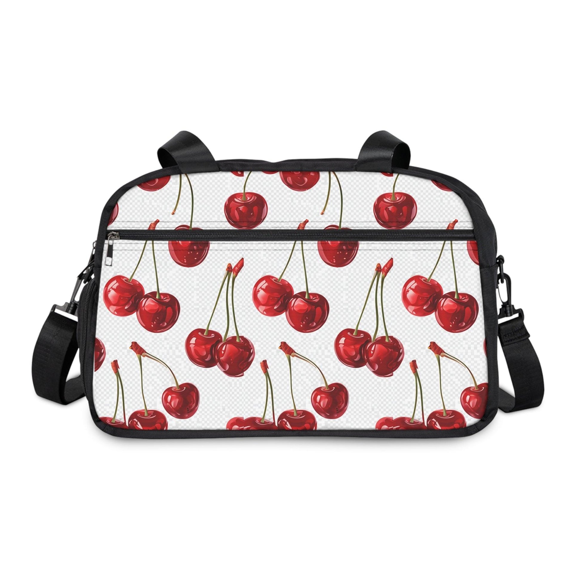 Sweet & Stylish Womens White Cherry Print Fitness Handbag with vibrant cherry design for fashion-forward functionality.