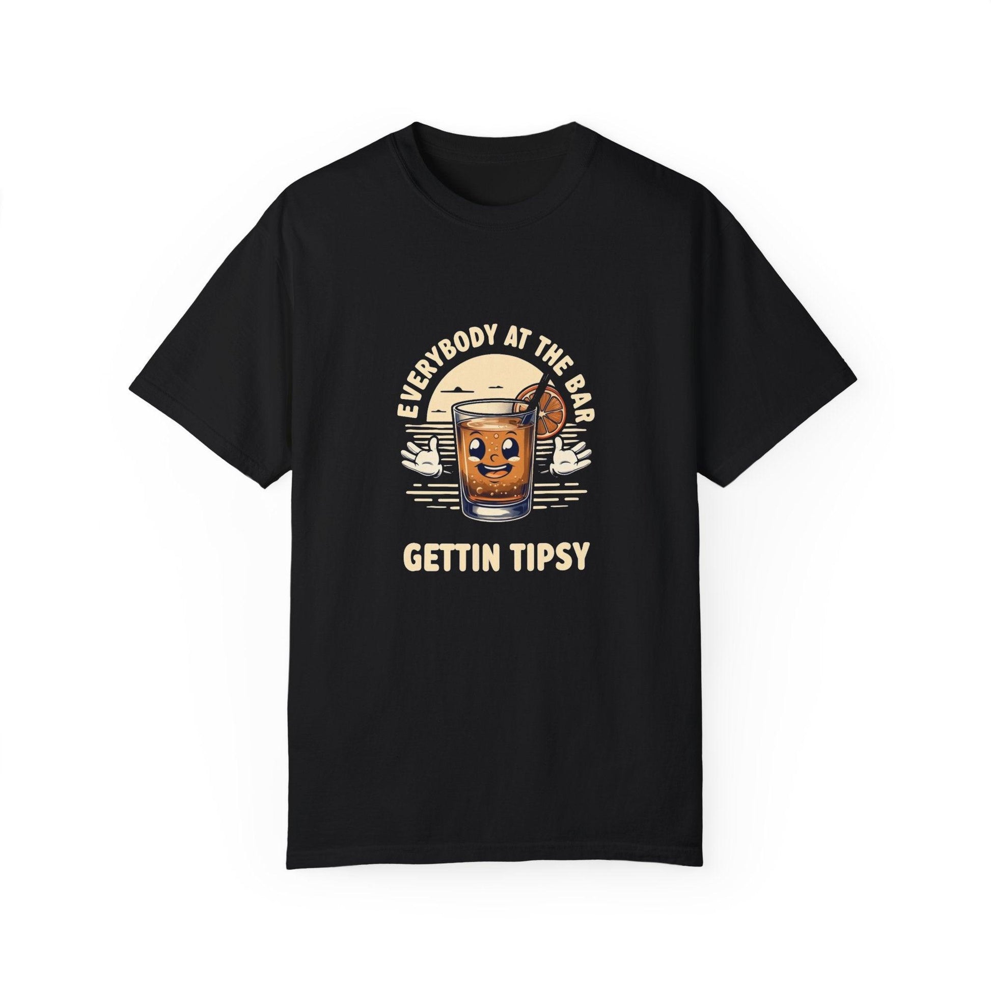 Everybody at the Bar Gettin Tipsy Unisex Garment-Dyed T-Shirt with whiskey glass graphic and playful text on a black background.
