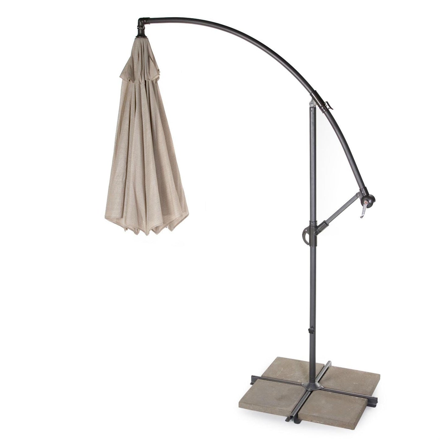 10 Foot Mocha Offset Patio Canopy Umbrella Rotates 360 Degrees with cantilever design and adjustable tilt mechanisms on stand.