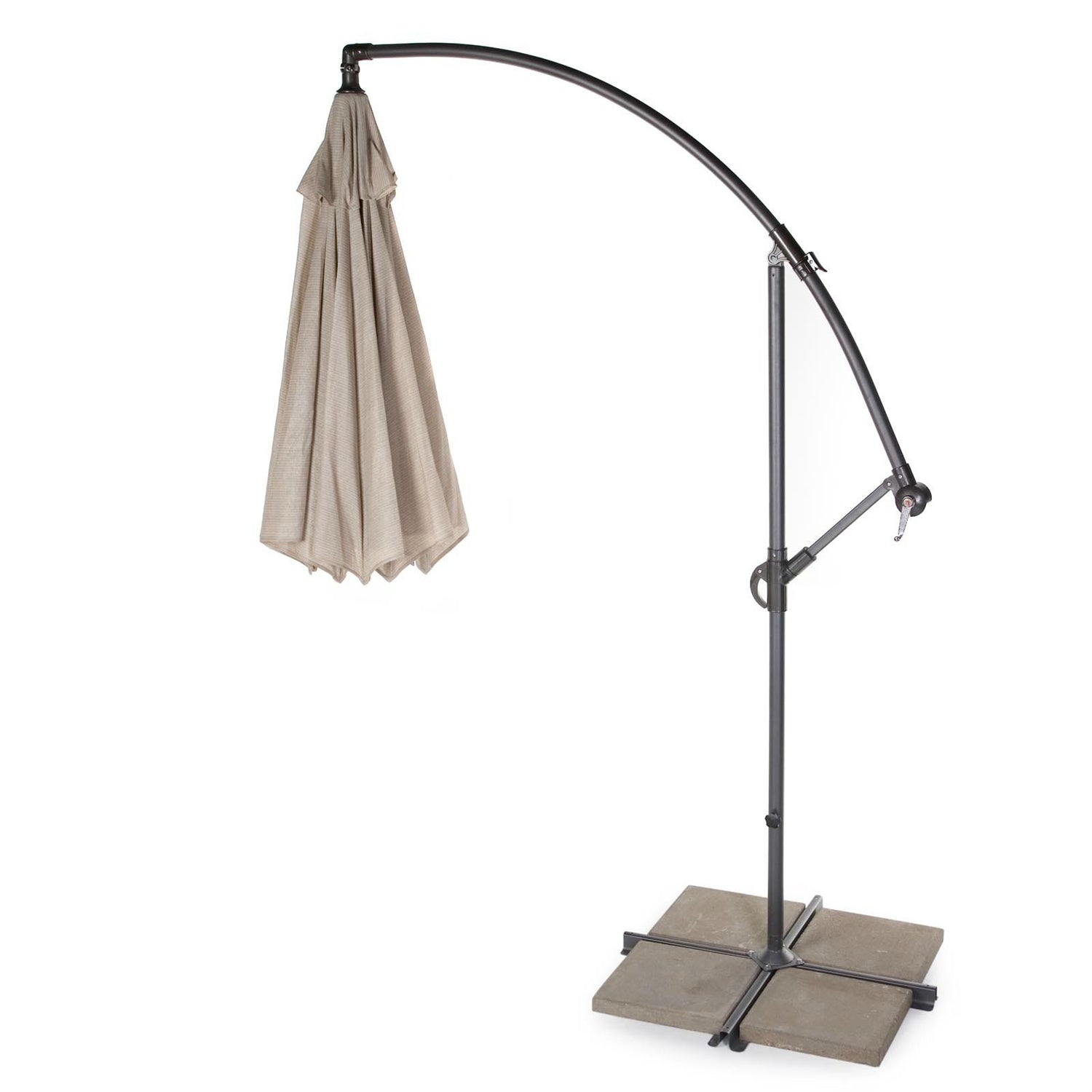 10 Foot Mocha Offset Patio Canopy Umbrella Rotates 360 Degrees with cantilever design and adjustable tilt mechanisms on stand.