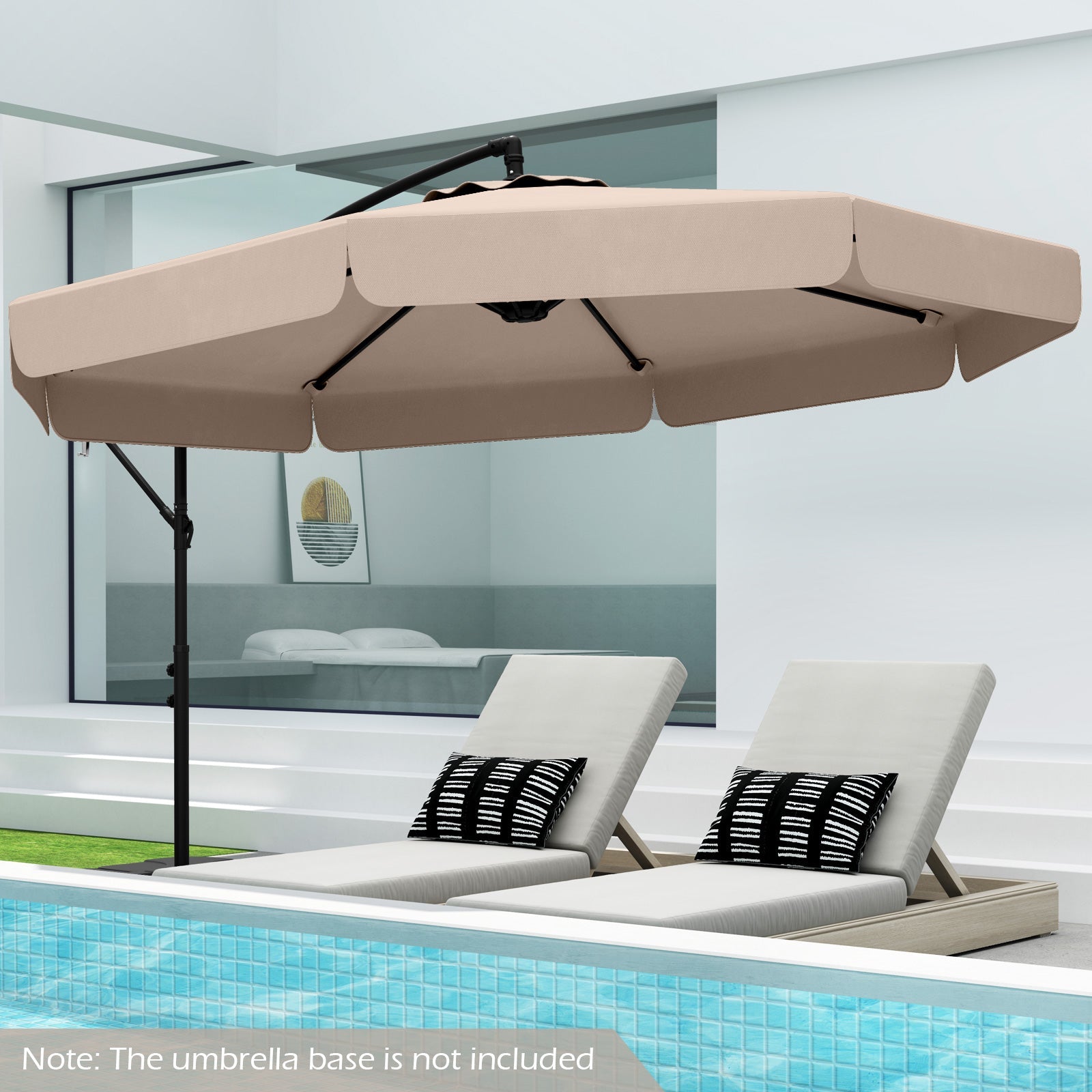 Beige 10 Feet Patio Cantilever Umbrella with Cover Tilt Adjustment and Ruffled Edge over poolside loungers
