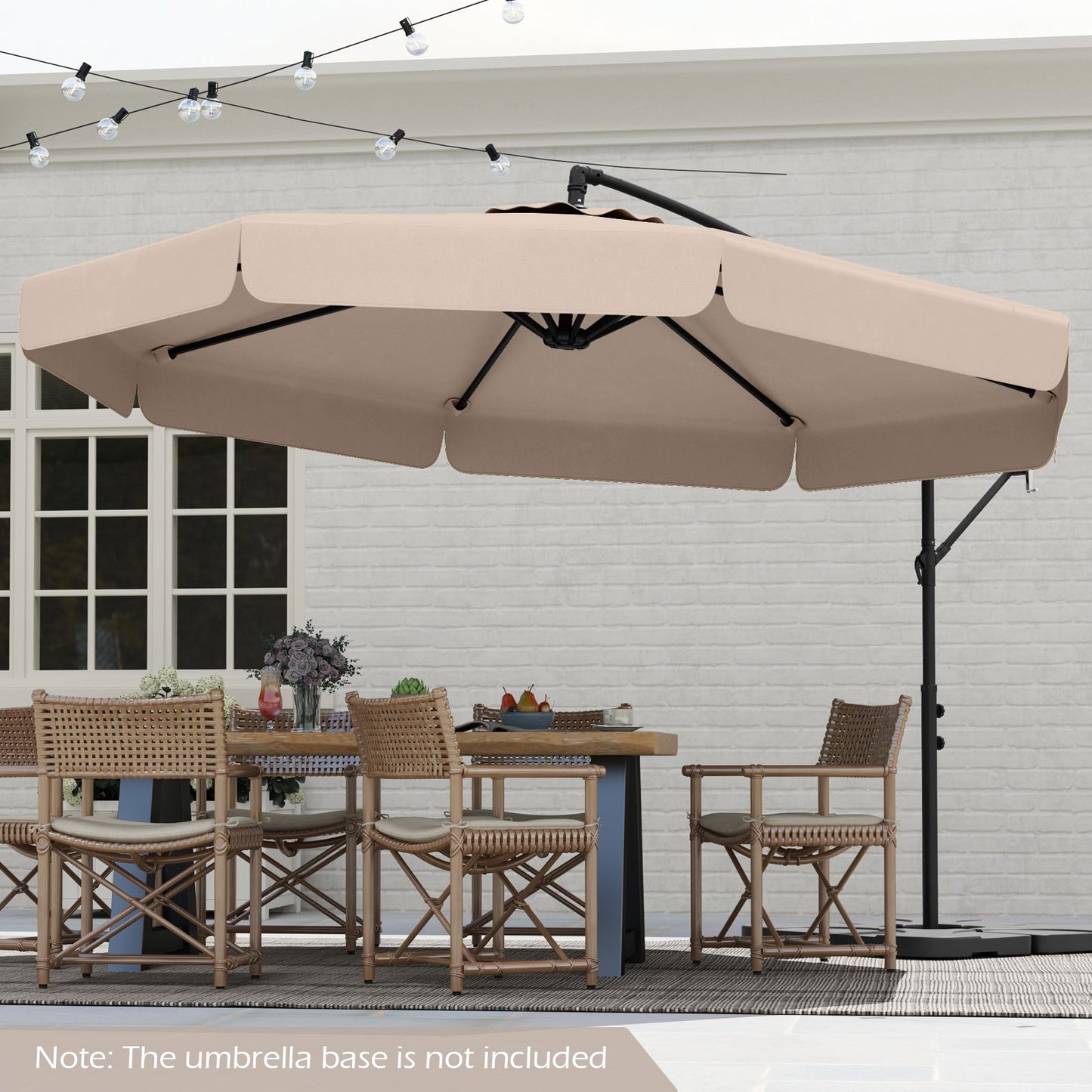10 Feet Patio Cantilever Umbrella with Cover Tilt Adjustment and Ruffled Edge-Beige over outdoor dining area