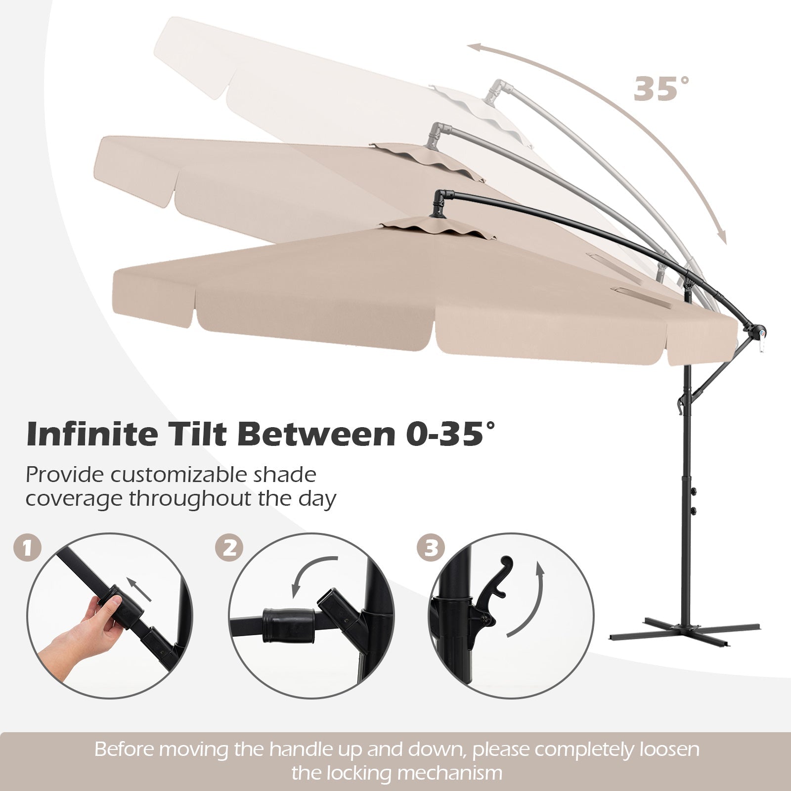 10 Feet Patio Cantilever Umbrella with Cover Tilt Adjustment and Ruffled Edge-Beige featuring infinite tilt options for shade