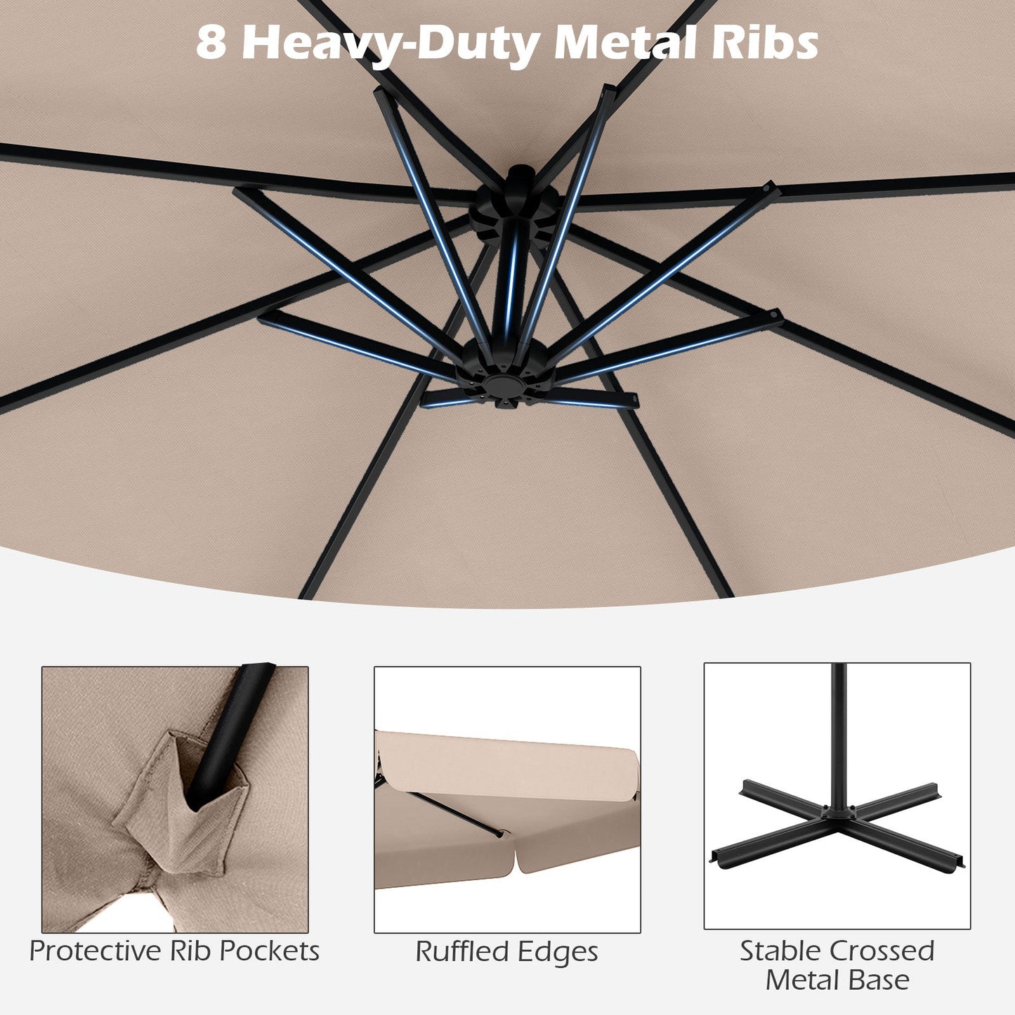 10 Feet Patio Cantilever Umbrella with Cover Tilt Adjustment and Ruffled Edge-Beige showing metal ribs and ruffled edges.