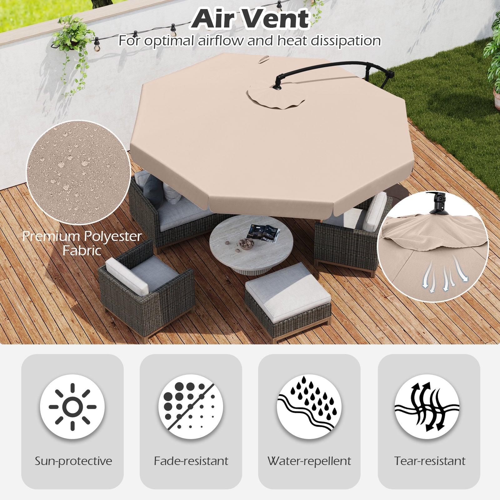 Beige 10 Feet Patio Cantilever Umbrella with Cover Tilt Adjustment and Ruffled Edge over patio furniture showcasing features.