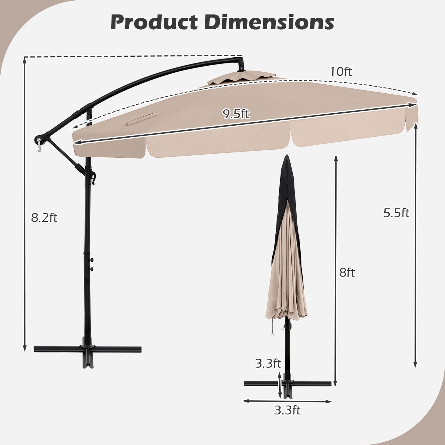 Dimensions of 10 Feet Patio Cantilever Umbrella with Cover Tilt Adjustment and Ruffled Edge-Beige, featuring tilt mechanism and stable base.