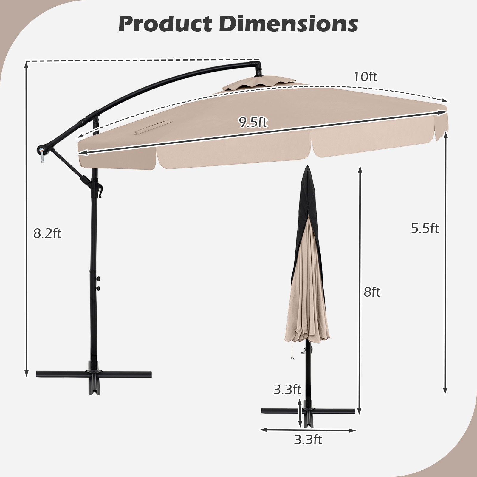 Dimensions of 10 Feet Patio Cantilever Umbrella with Cover Tilt Adjustment and Ruffled Edge-Beige, featuring tilt mechanism and stable base.