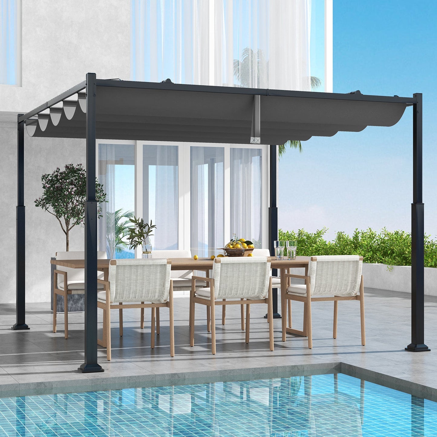 10 x 10 Feet Outdoor Pergola with Retractable Canopy and Metal Columns-Gray on patio by pool