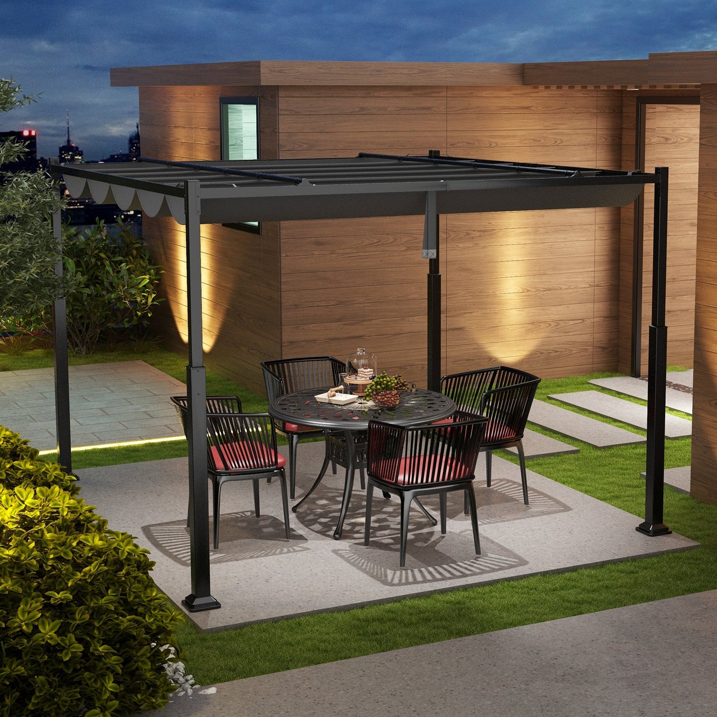 10 x 10 Feet Outdoor Pergola with Retractable Canopy and Metal Columns-Gray on a patio with dining set.