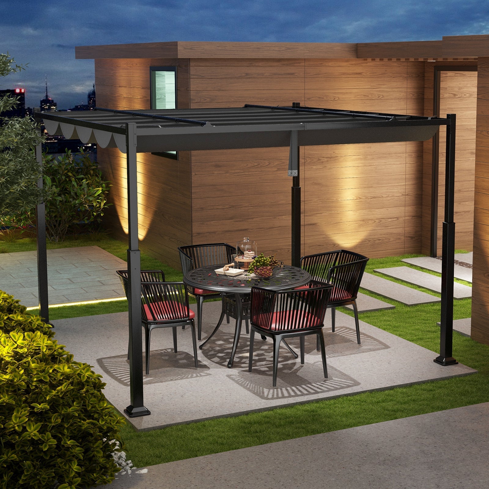 10 x 10 Feet Outdoor Pergola with Retractable Canopy and Metal Columns-Gray on a patio with dining set.