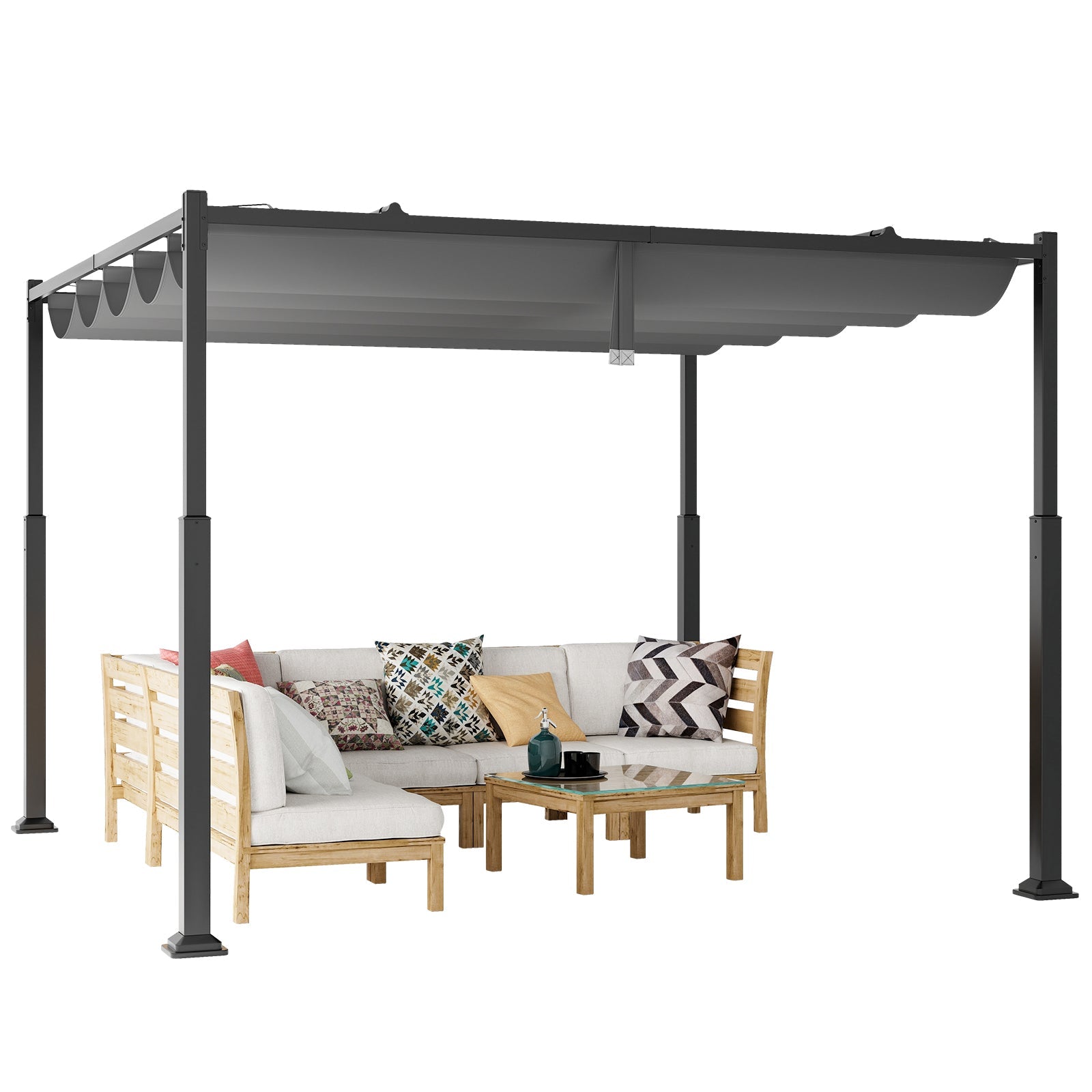10 x 10 Feet Outdoor Pergola with Retractable Canopy and Metal Columns-Gray over patio furniture