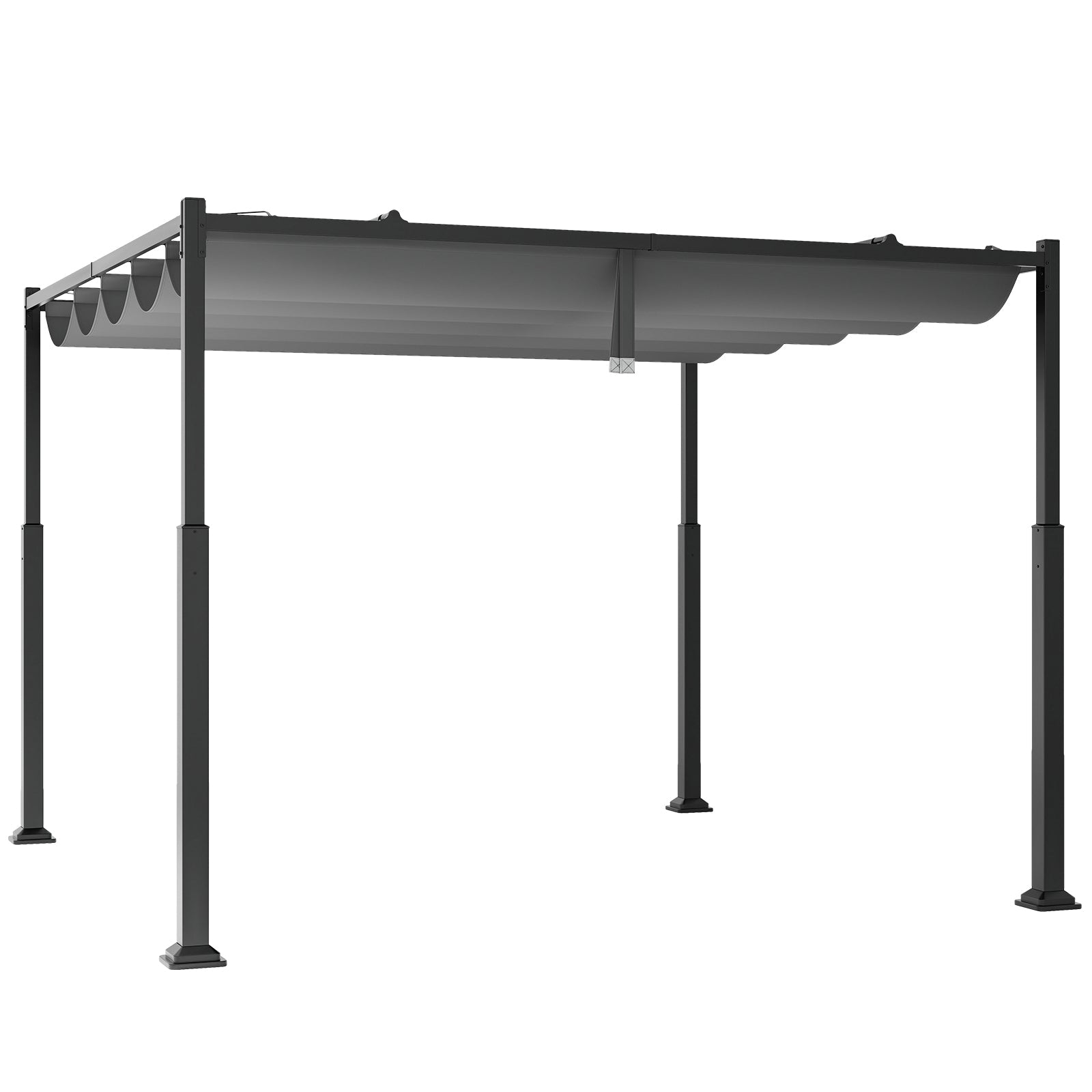 10 x 10 Feet Outdoor Pergola with Retractable Canopy and Metal Columns-Gray in a backyard setting