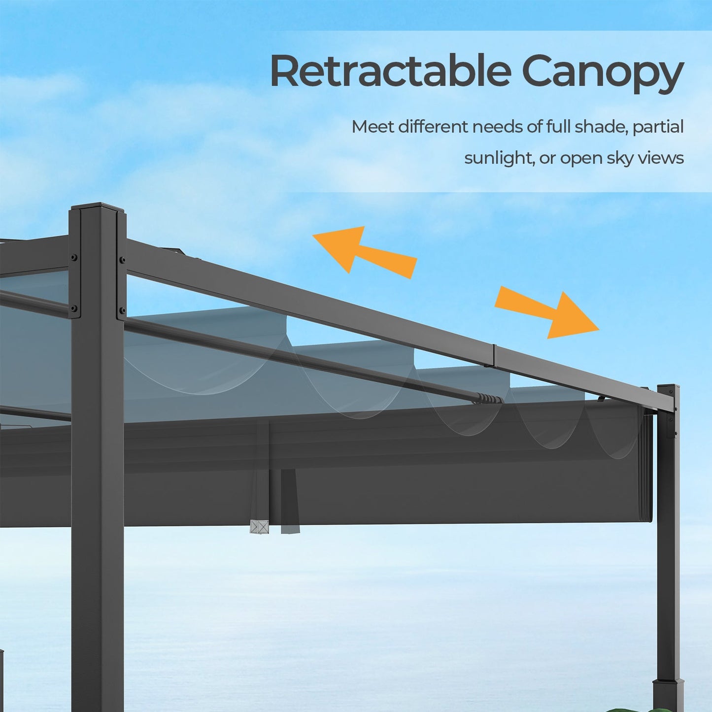 10 x 10 Feet Outdoor Pergola with Retractable Canopy and Metal Columns-Gray featuring adjustable canopy for shade and sunlight control