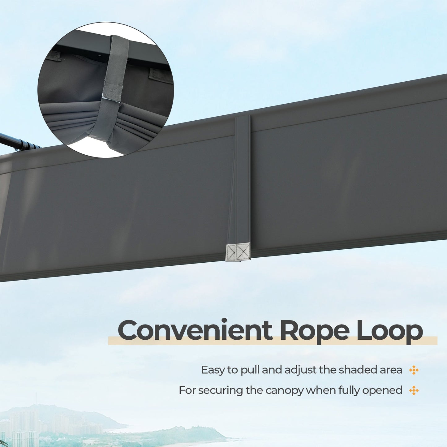 Close-up of rope loop on 10 x 10 Feet Outdoor Pergola with Retractable Canopy and Metal Columns-Gray, showing convenient adjustment feature.