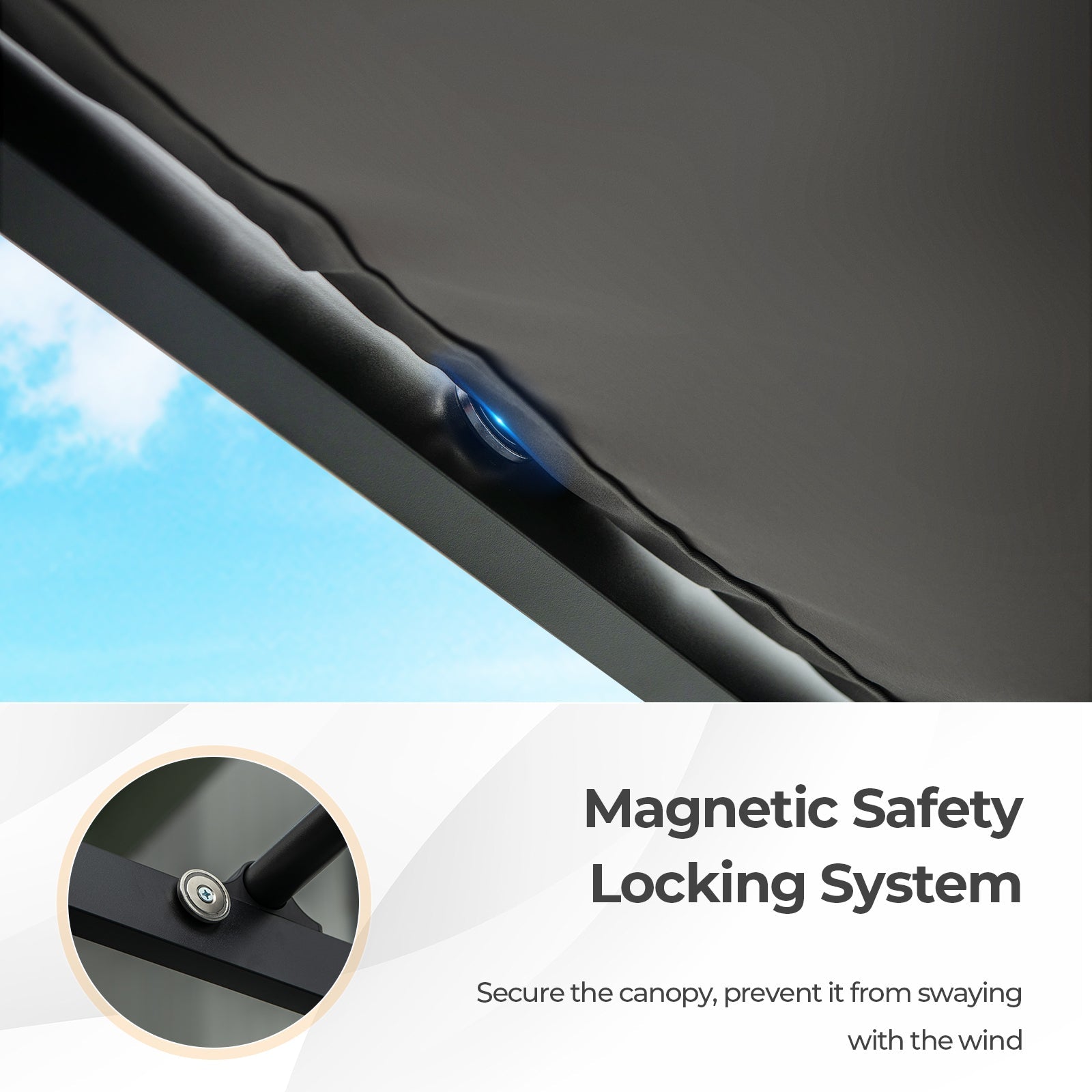 Magnetic locking system of 10 x 10 Feet Outdoor Pergola with Retractable Canopy and Metal Columns-Gray for wind stability