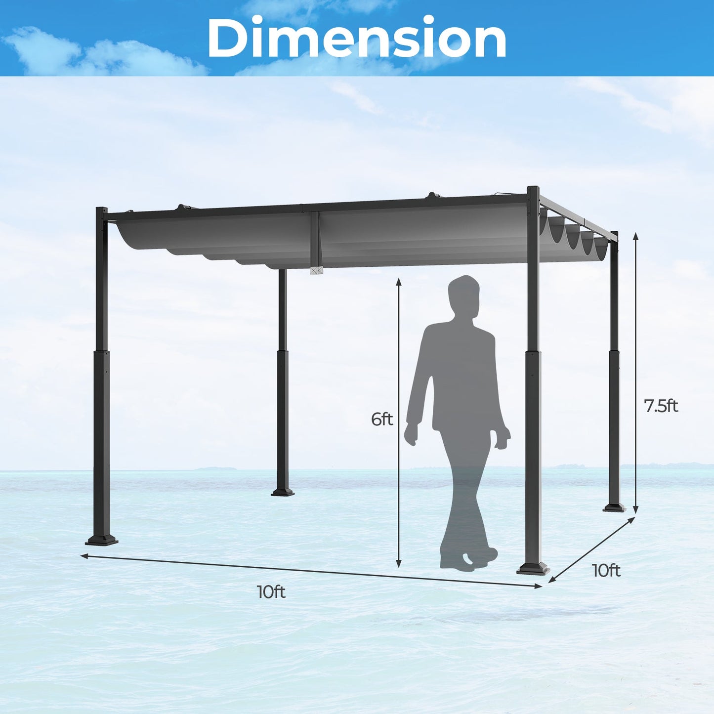 10 x 10 Feet Outdoor Pergola with Retractable Canopy and Metal Columns-Gray dimensions illustration
