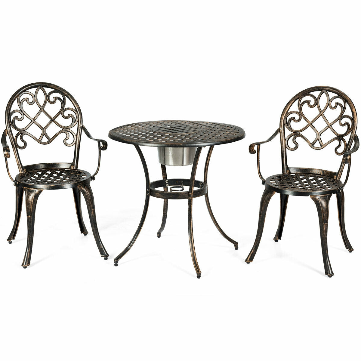 3 Pieces Outdoor Set Patio Bistro with Attached Removable Ice Bucket featuring cast aluminum chairs and table.