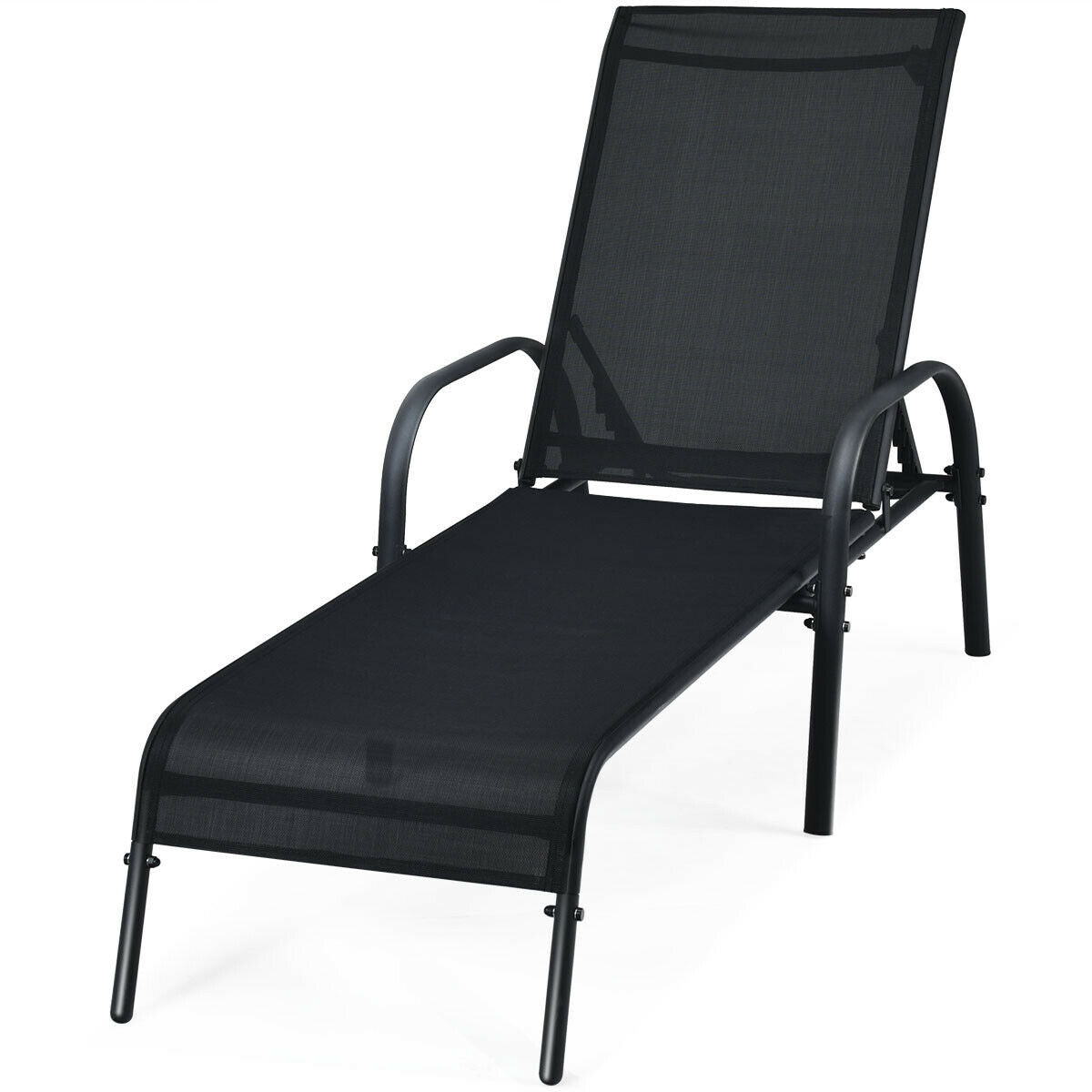 Adjustable Patio Chaise Folding Lounge Chair with Backrest-Black, ideal for outdoor use with sun-proof fabric and adjustable positions.