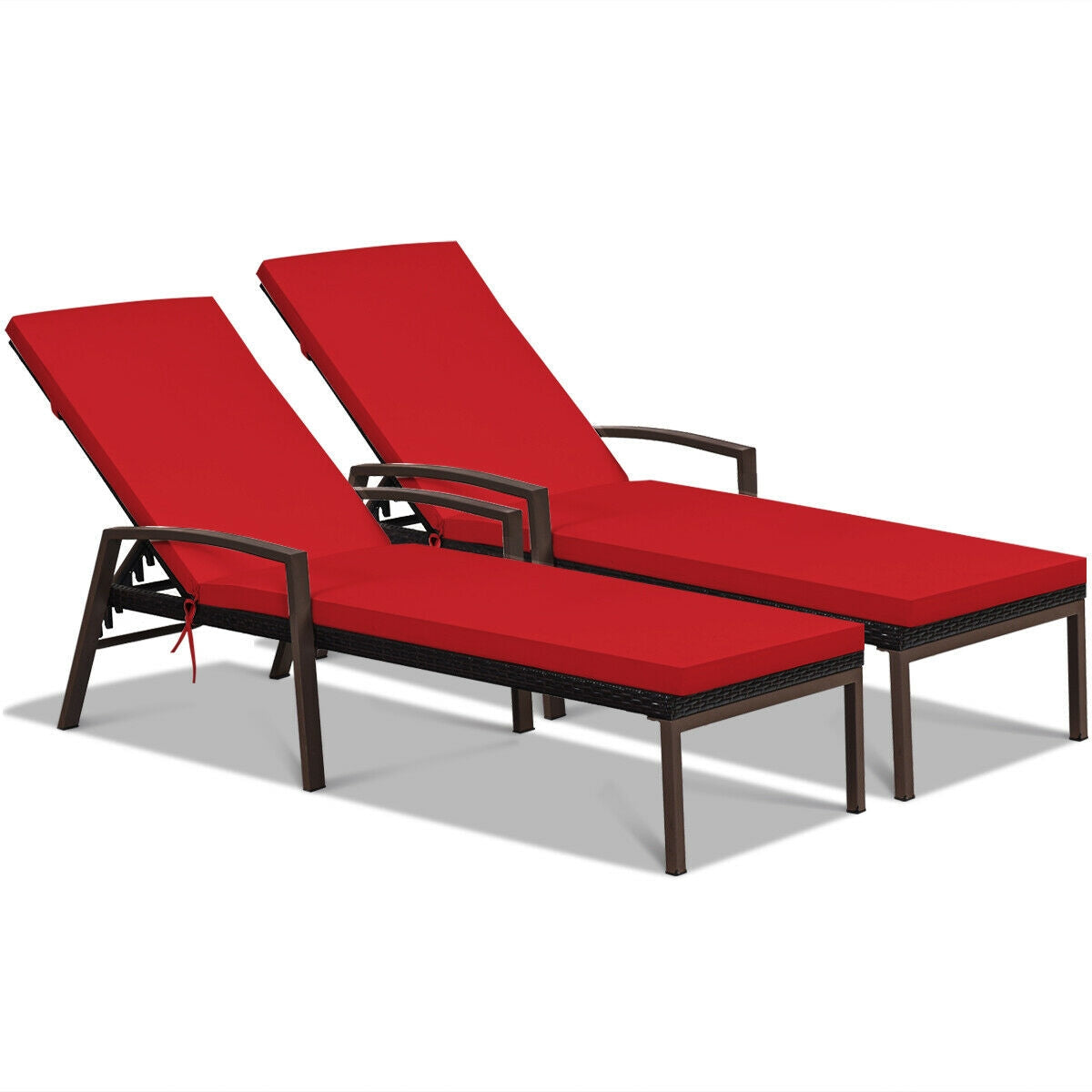 2 Pieces Patio Rattan Adjustable Back Lounge Chair with Armrest and Removable Cushions-Red, ideal for outdoor relaxation.