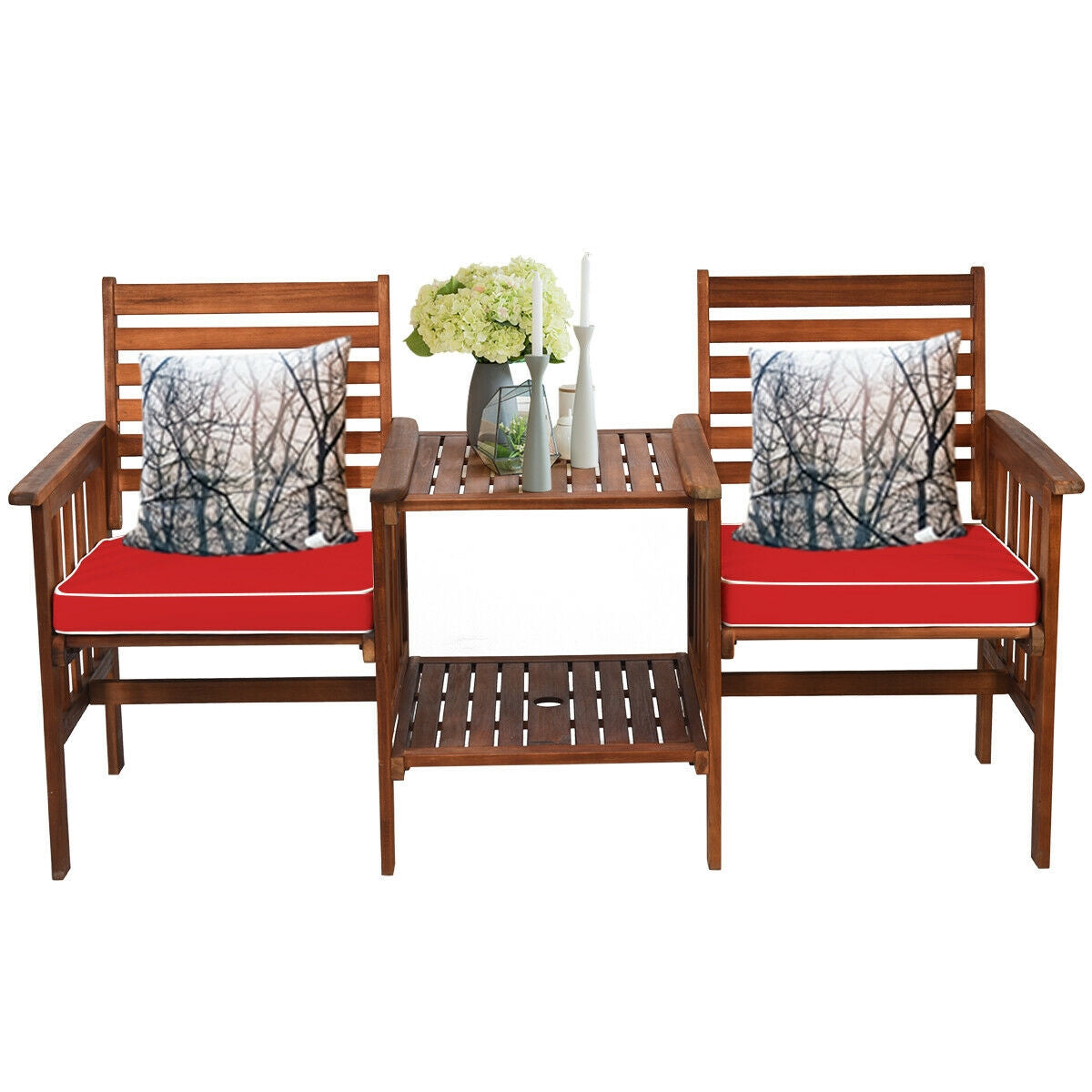 3 pcs Outdoor Patio Table Chairs Set Acacia Wood Loveseat-Red with red cushions and decorative table centerpiece