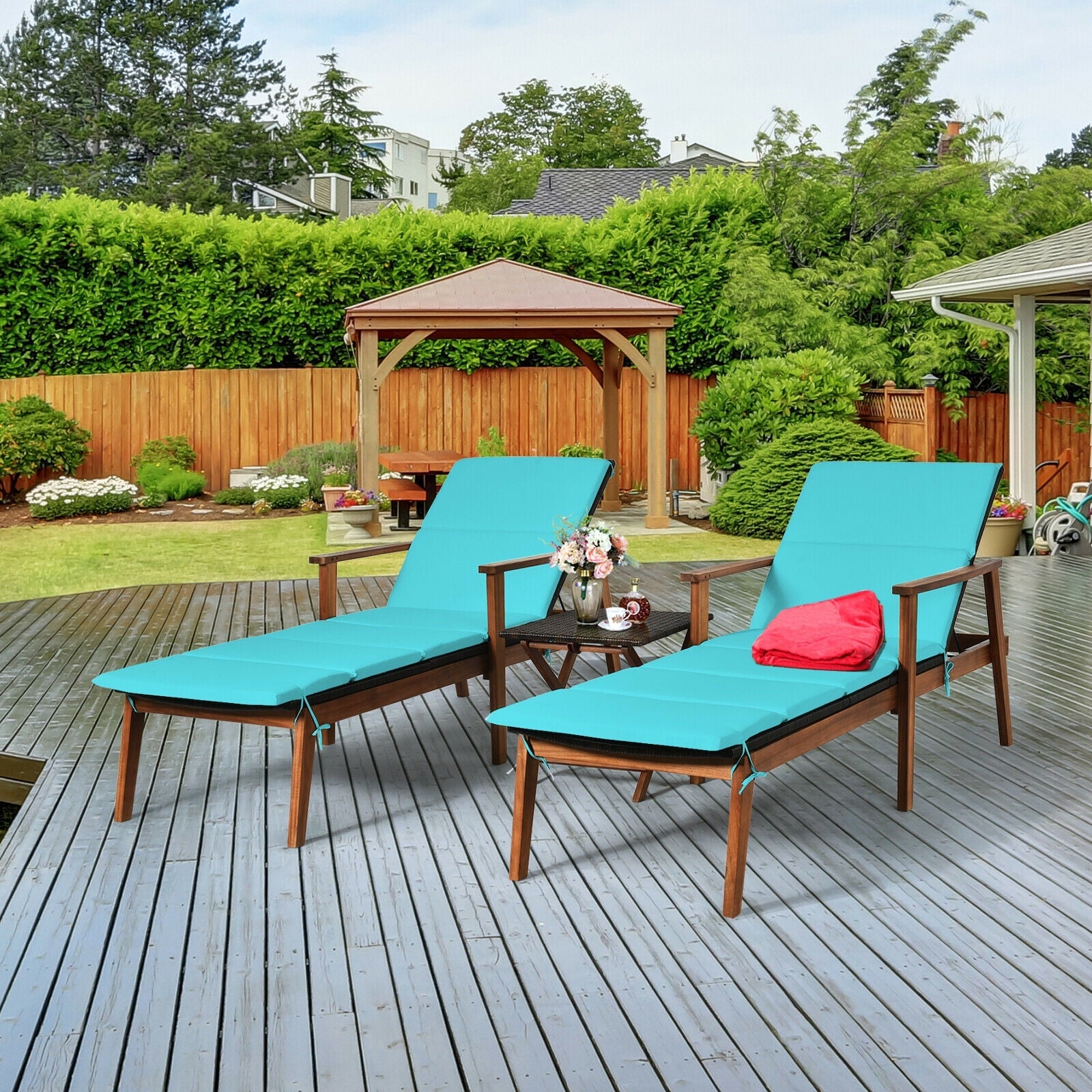 3 Pieces Portable Patio Cushioned Rattan Lounge Chair Set with Folding Table-Turquoise on a wooden deck