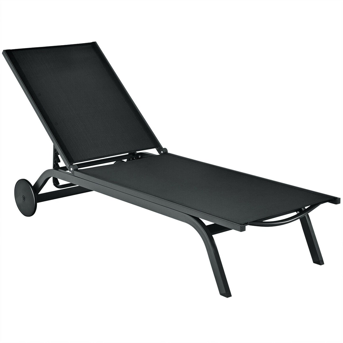 Aluminum Fabric Outdoor Patio Lounge Chair with Adjustable Reclining -Black, showing black reclining functionality and wheels
