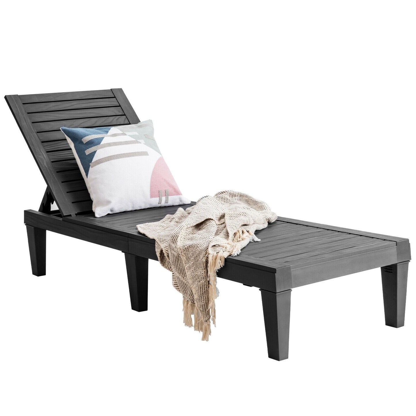 Outdoor Recliner Chair with 5-Position Adjustable Backrest-Black with cushion and blanket, perfect for patio or poolside relaxation.