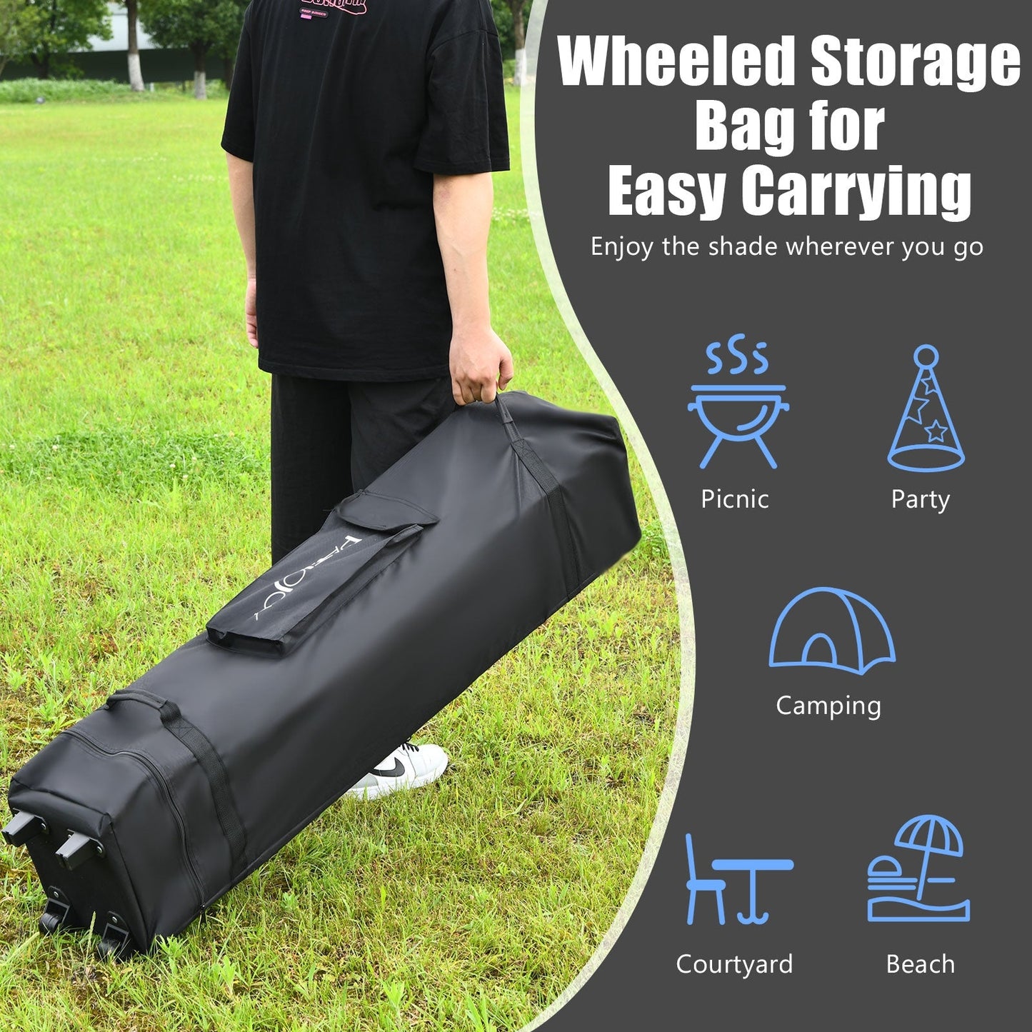 Man carrying 13 Feet x 13 Feet Pop Up Canopy Tent Instant Outdoor Folding Canopy Shelter-Blue in wheeled storage bag for easy transport.