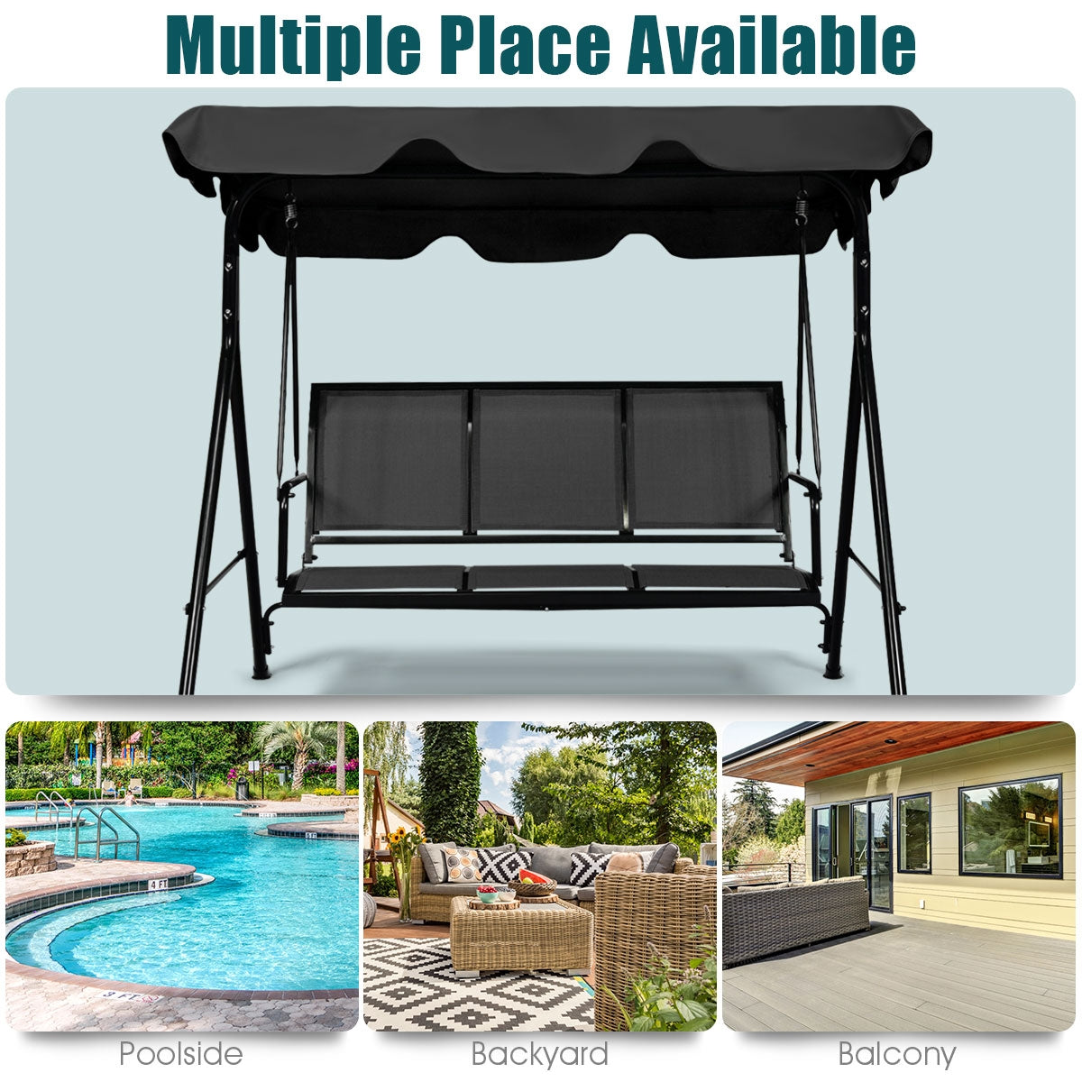 3 Person Patio Swing with Polyester Angle Adjustable Canopy for poolside, backyard, and balcony outdoor use