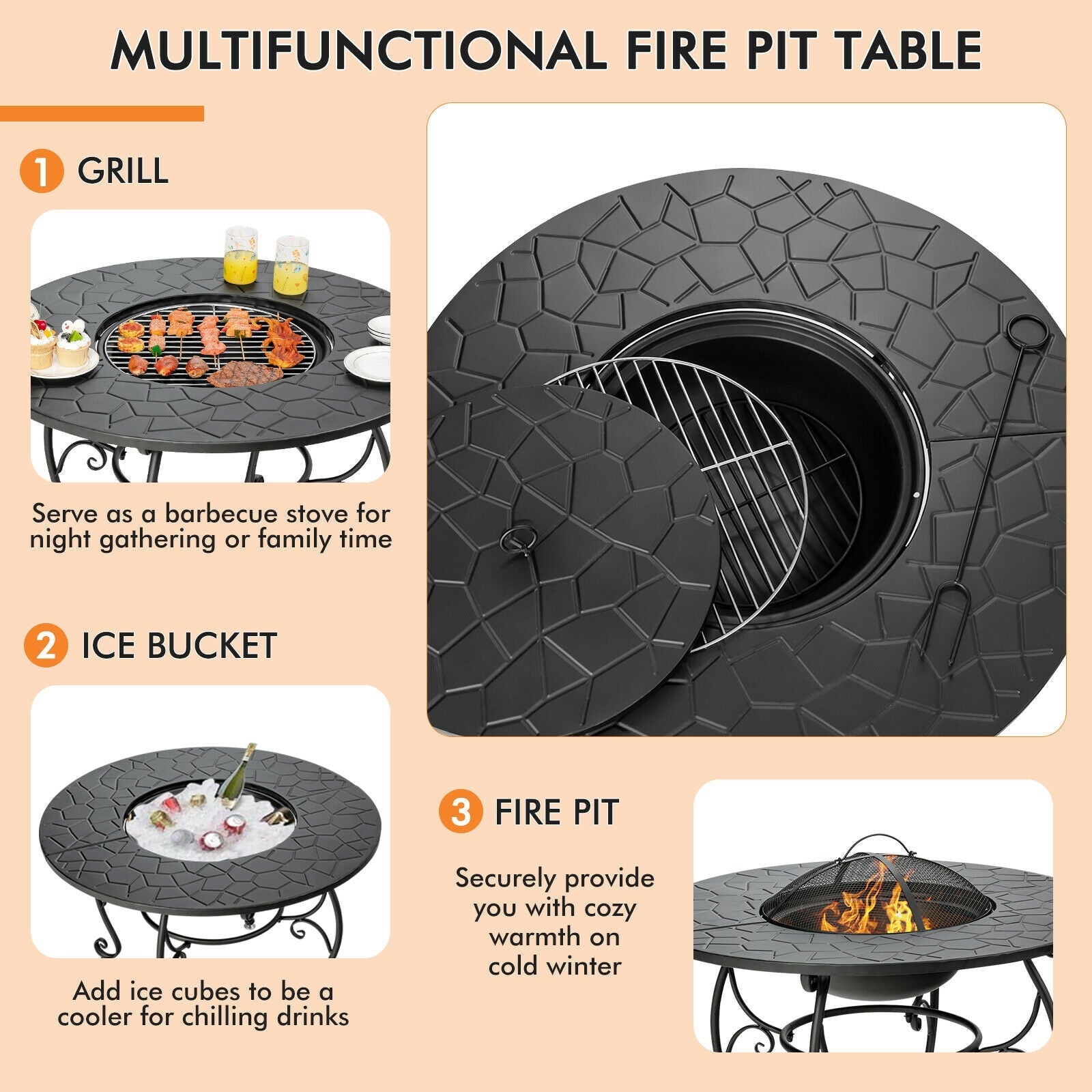 Multifunctional 35.5 Feet Patio Fire Pit Dining Table With Cooking BBQ Grate showcasing grill, ice bucket, and fire pit options.