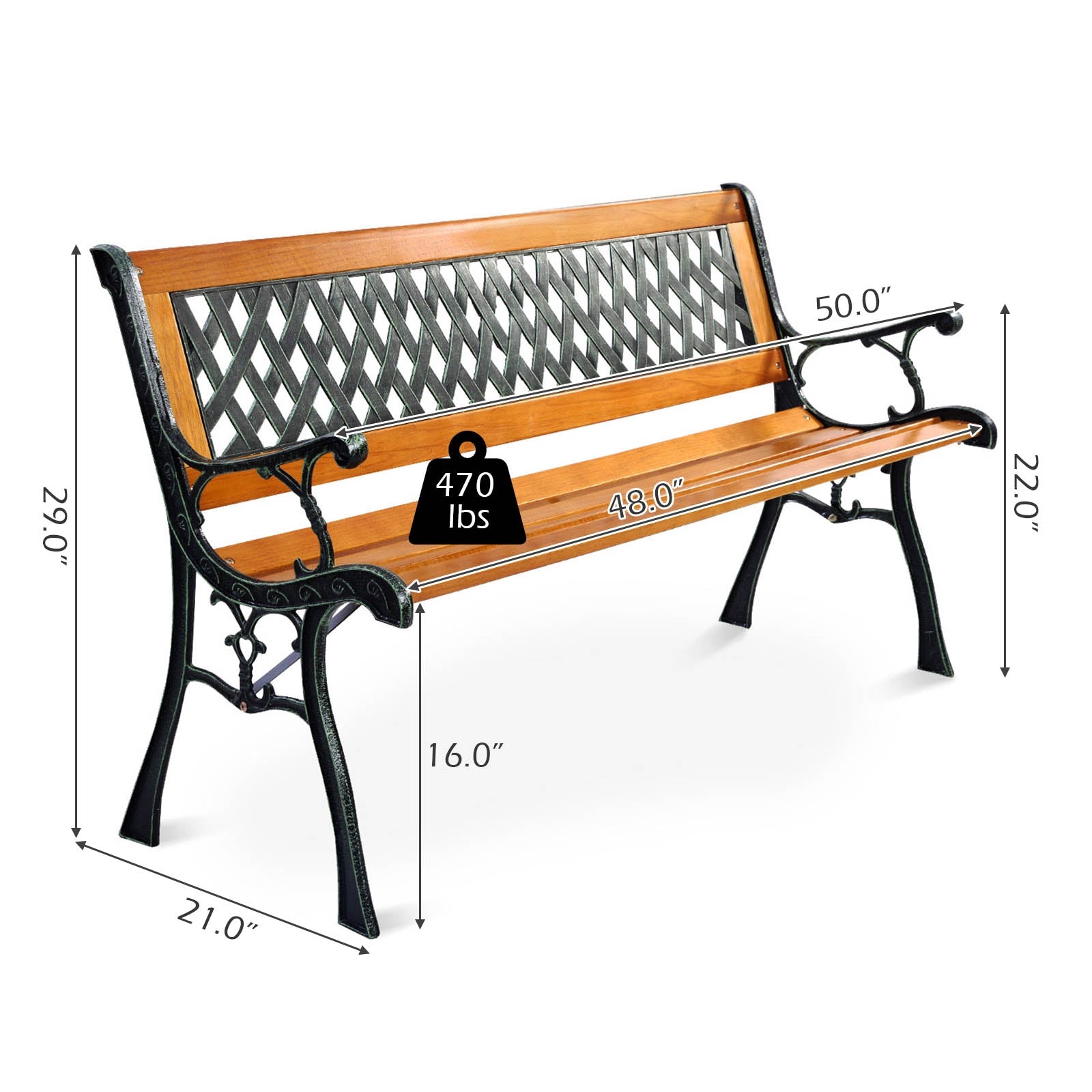 Outdoor Cast Iron Patio Bench with solid wood seat, PVC backrest pattern, and strong load-bearing capacity up to 470 lbs.