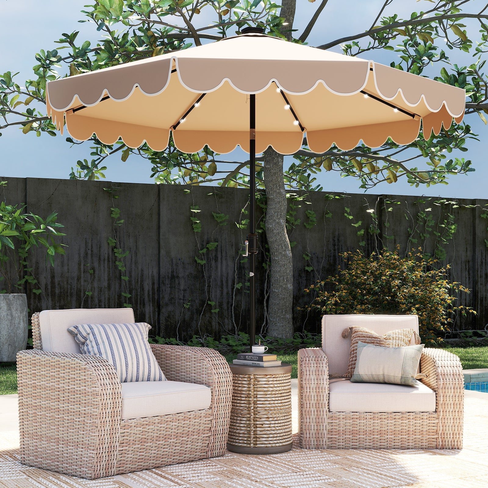 10 Feet Solar Patio Umbrella with 24 LED Lights-Coffee providing shade to two wicker chairs beside a poolside table