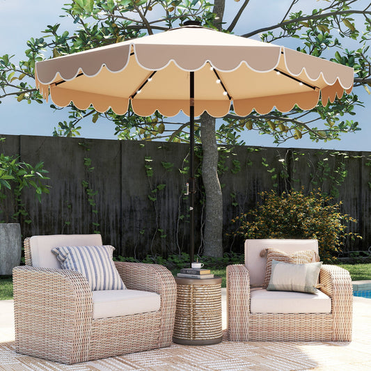10 Feet Solar Patio Umbrella with 24 LED Lights-Coffee providing shade to two wicker chairs beside a poolside table