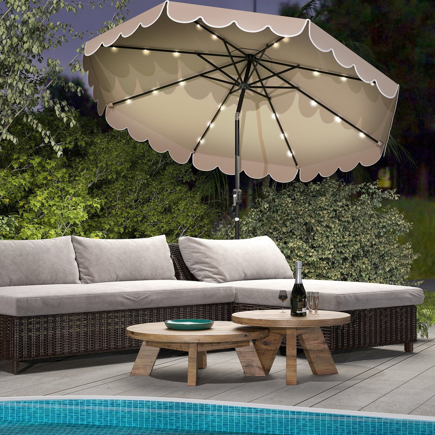 10 Feet Solar Patio Umbrella with 24 LED Lights-Coffee over a garden sofa near a pool at night