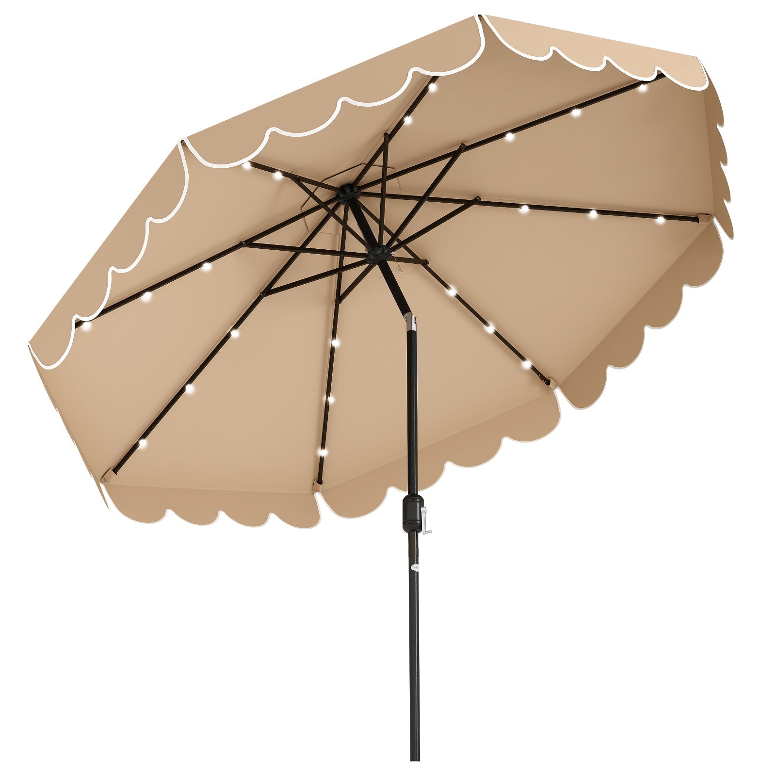 10 Feet Solar Patio Umbrella with 24 LED Lights-Coffee featuring ruffled edges and solar-powered LED lights for night ambiance.